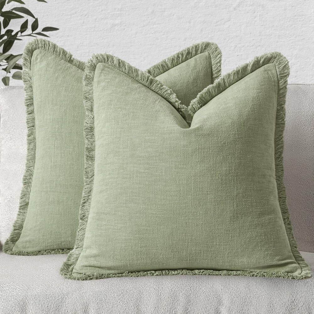 Set of 2, Decorative Fringe Throw Pillow Covers (Sage Green)